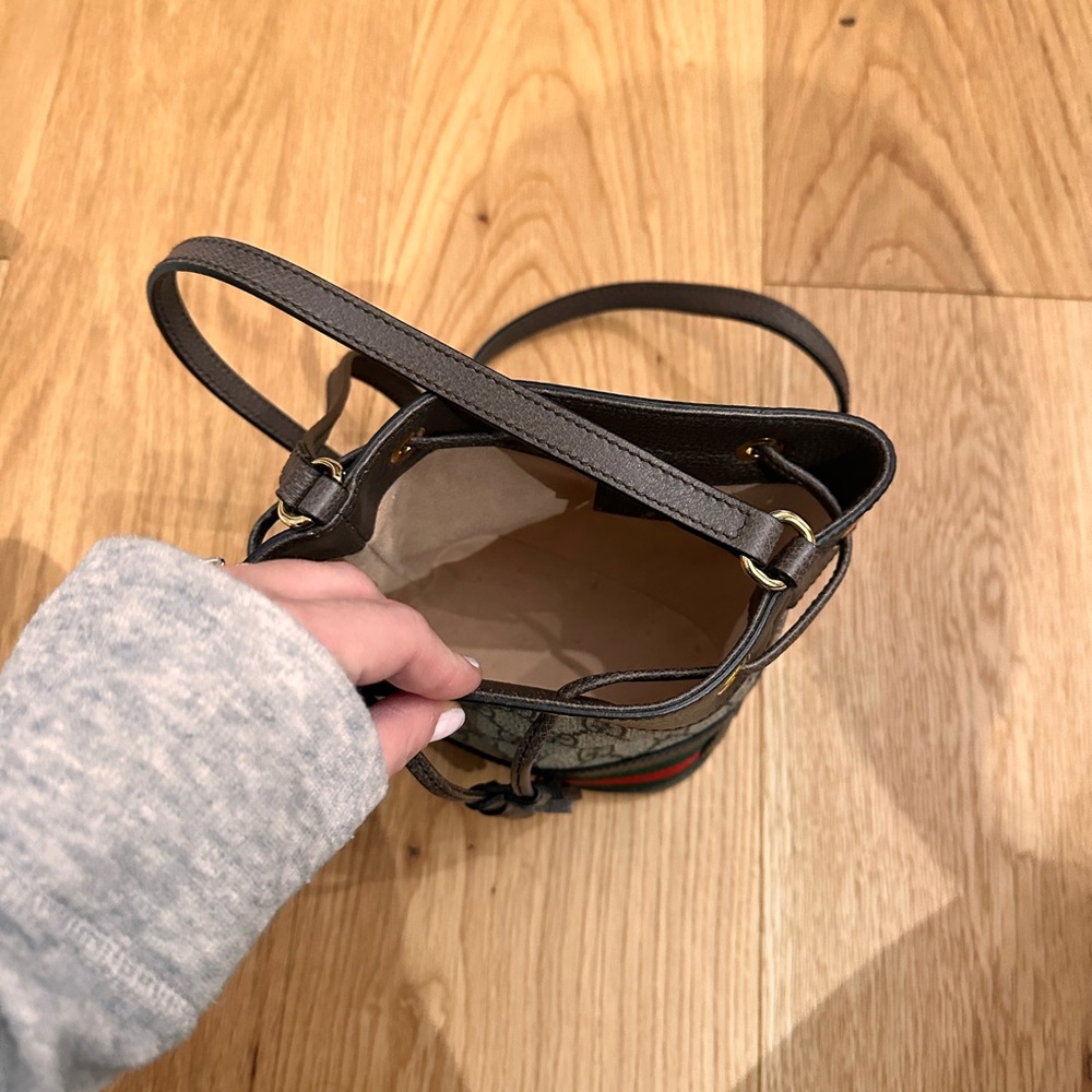 Gucci Beige GG Canvas Bucket Shoulder Bag with Brown Leather and Red/Green Web